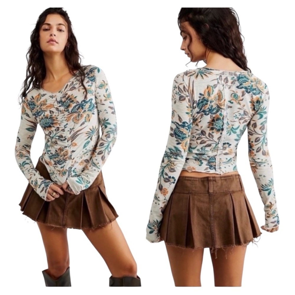 WE THE FREE PEOPLE OB1542585 Dreamed of You floral ruched top teal combo S NEW